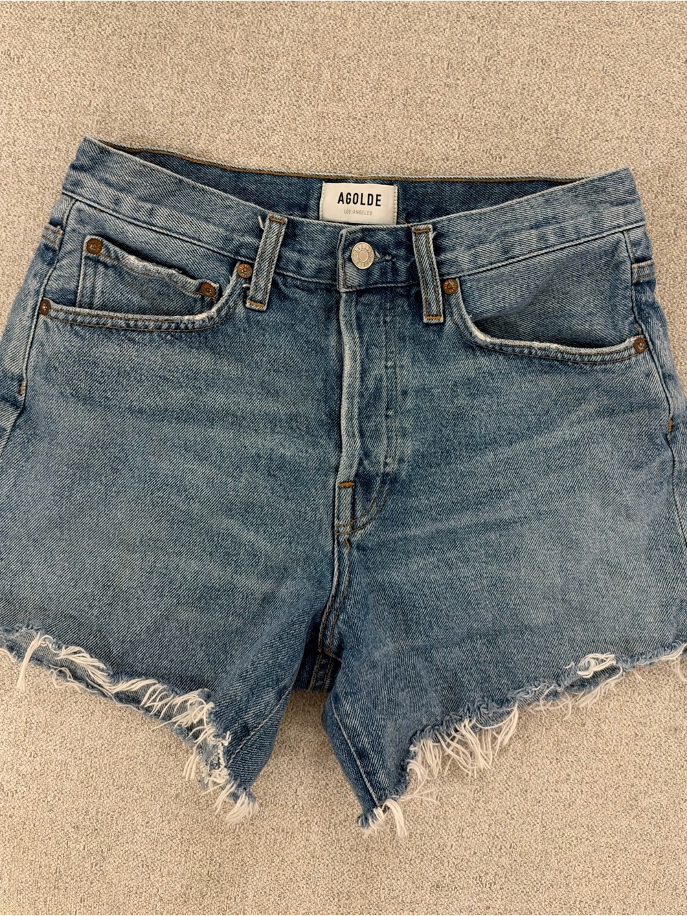Agolde Light Blue High-Rise Raw Hem Denim Shorts
